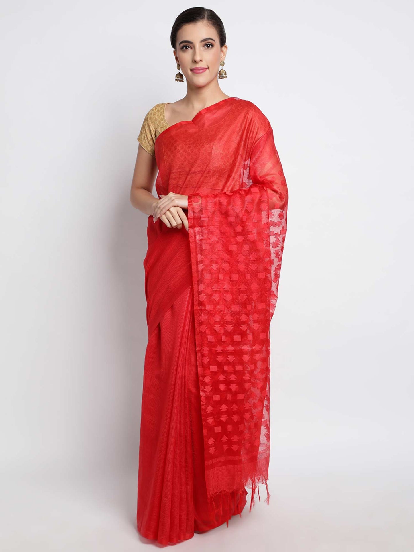 Red Handwoven Handloom Saree With Unstitched Blouse