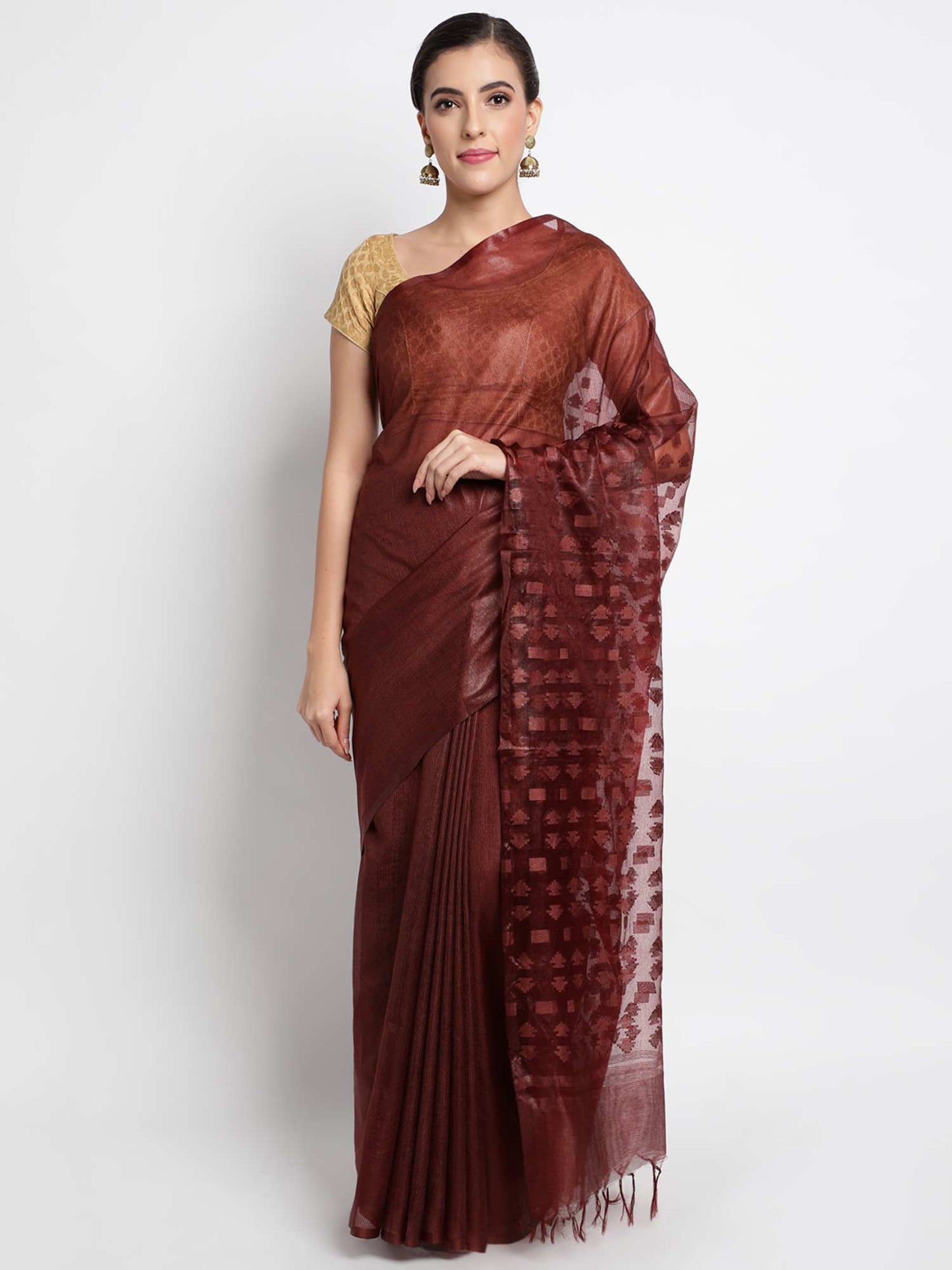 Brown Rust Handloom Saree With Unstitched Blouse